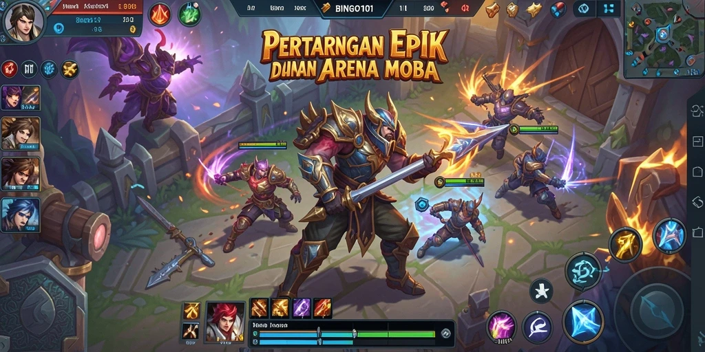 Tangkapan layar gameplay BINGO101 dengan aksi seru di arena MOBA.