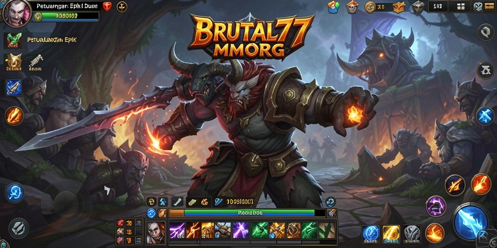 Tampilan gameplay epik dalam BRUTAL77, memperlihatkan aksi petualangan MMORPG.