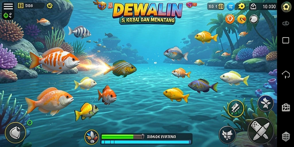 Screenshot gameplay DEWALIN menampilkan aksi seru menembak ikan.