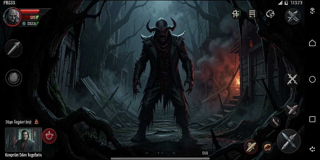 Screenshot gameplay FB333 menampilkan suasana mencekam dalam kegelapan.