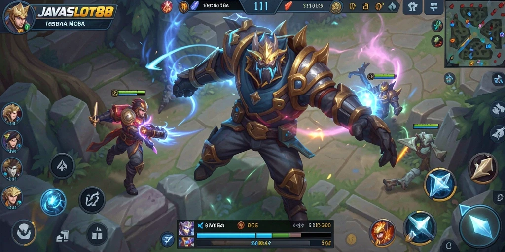 Screenshot gameplay mengesankan dari JAVASLOT88 yang menunjukkan aksi MOBA yang intens.