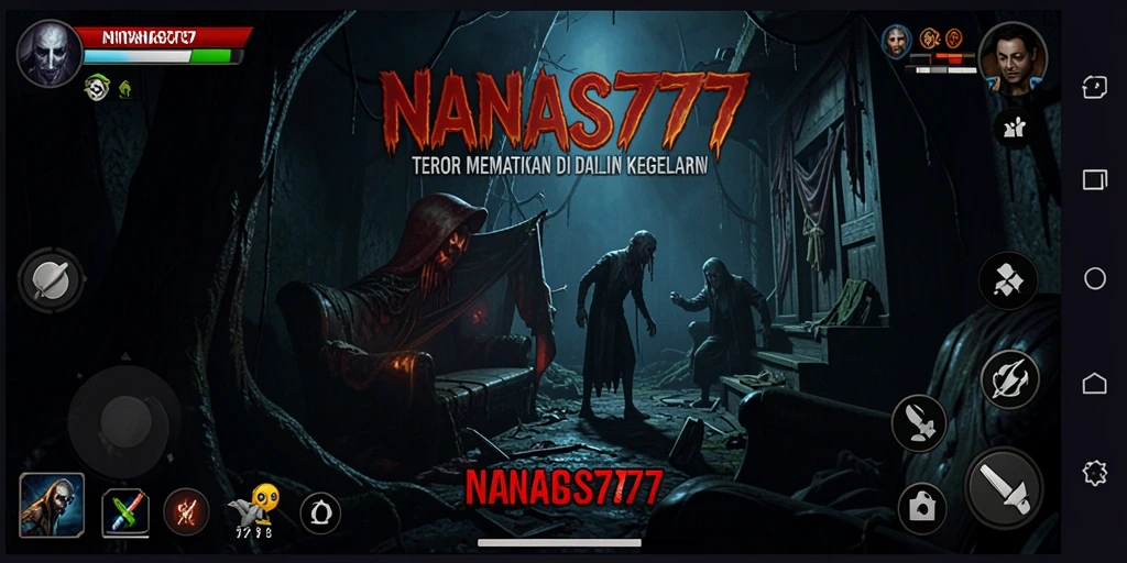 Tampilkan gameplay seram NANAS777 dalam suasana gelap dan menegangkan.