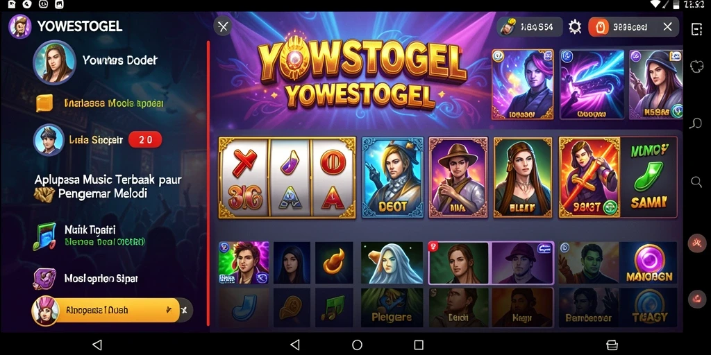 Tampilan gameplay aplikasi YOWESTOGEL dengan berbagai fitur musik.
